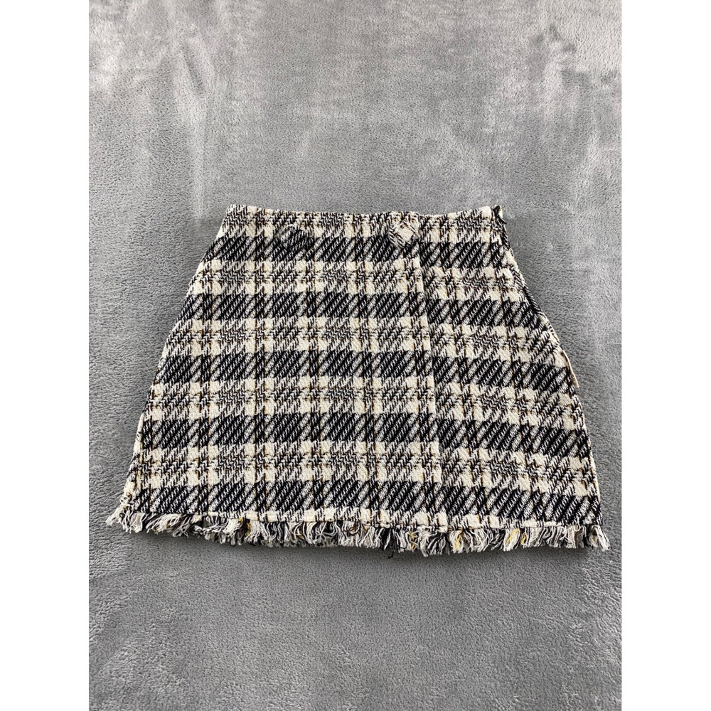 Kendall & Kylie Womens Black White Plaid Tweed Mini Skirt Frayed Hem Size S